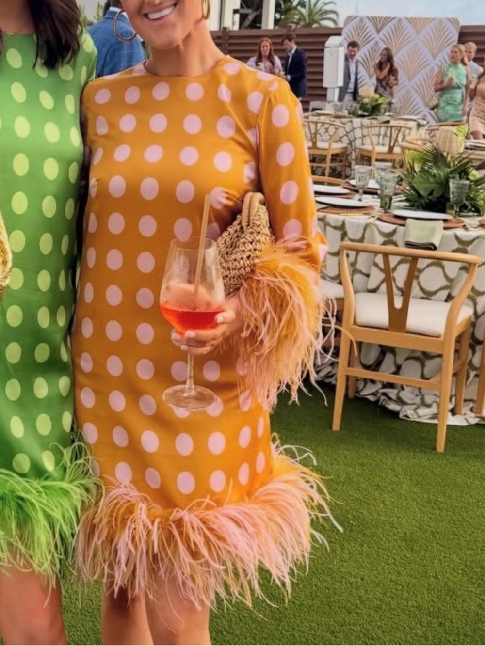 ANTONIO MELANI Mustard Yellow Polka Dot Feather-Trim Shift Dress